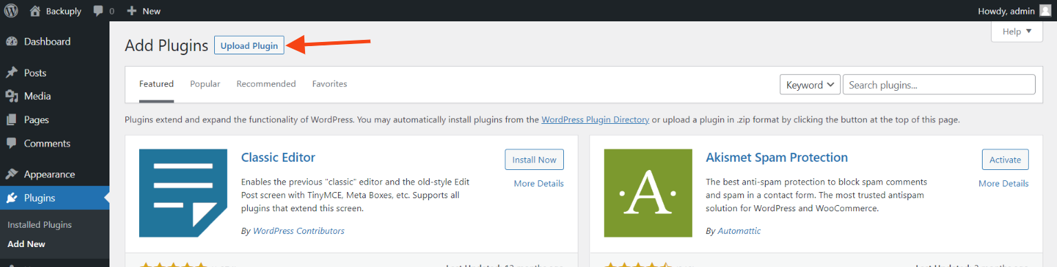 backuply-upload-plugin Click on Plugin Upload