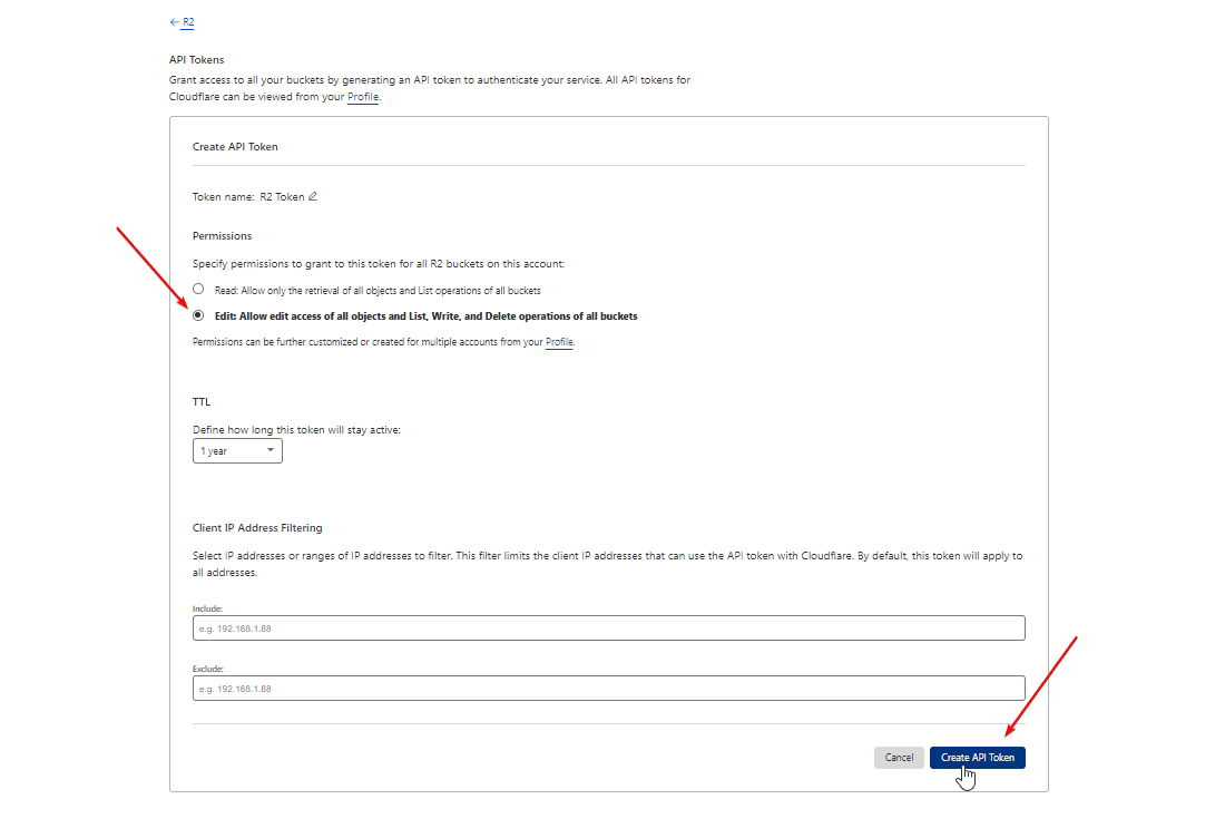 Cloudflare R2 API Token Form Cloudflare R2 API Token Form