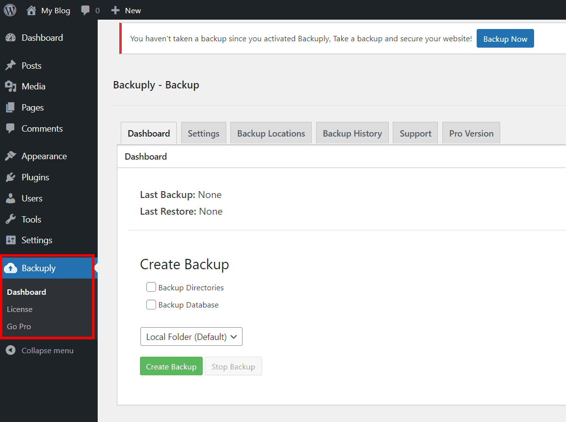 WordPress Dashboard with Backuply Plugin Installed WordPress Dashboard with Backuply Plugin Installed