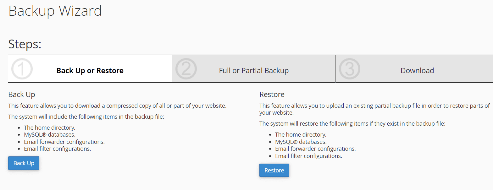 cPanel Backup Wizard Page cPanel Backup Wizard Page