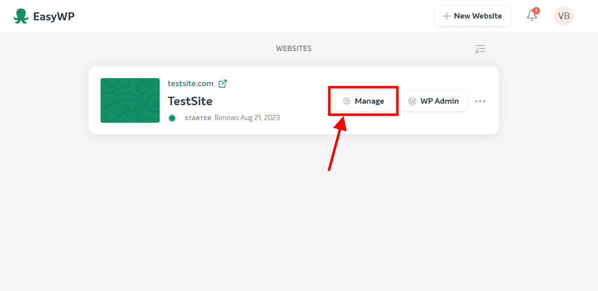 EasyWP manage button EasyWP manage button