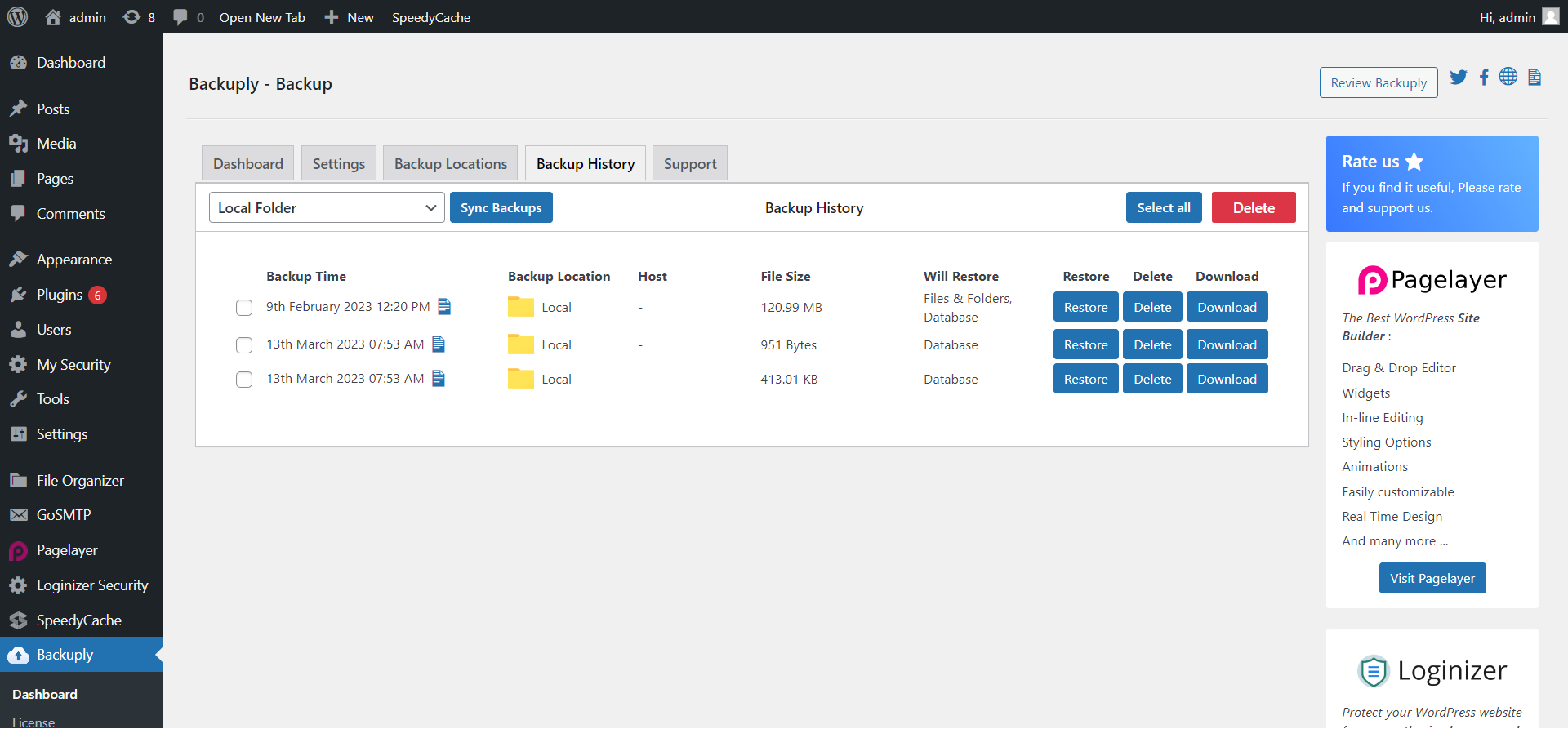 Backuply Backup History Tab Backuply Backup History Tab