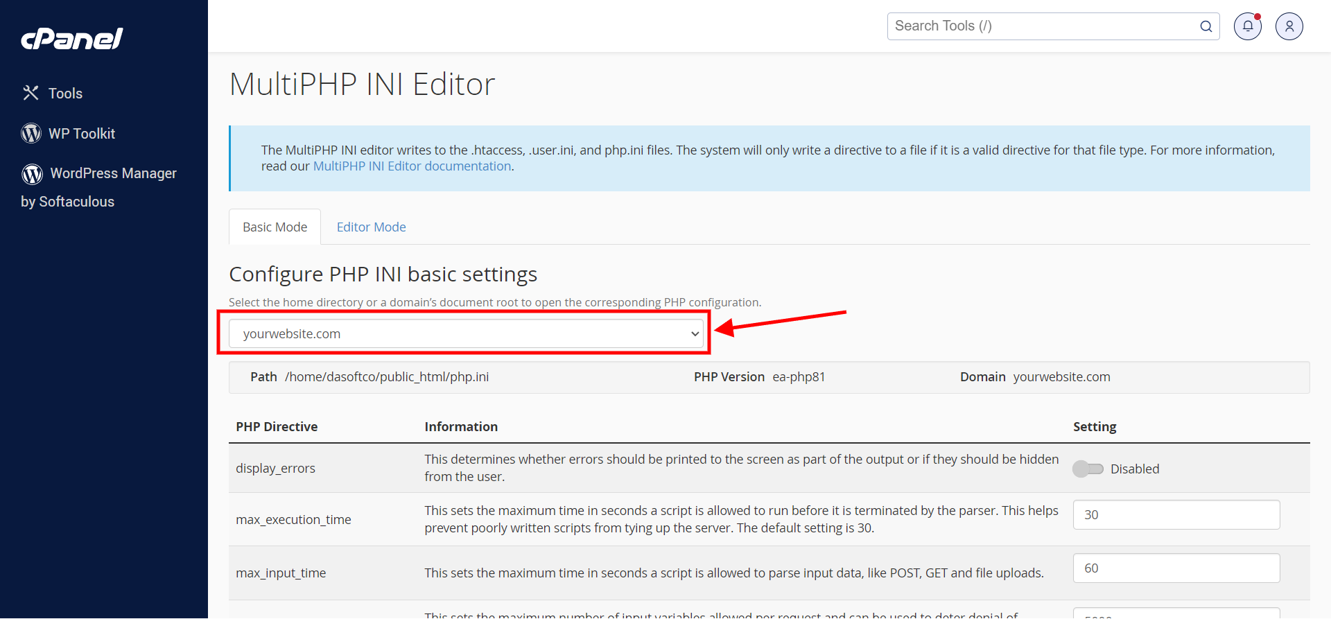 Select website in cPanel MultiPHP ini Wizard Select website in cPanel MultiPHP ini Wizard