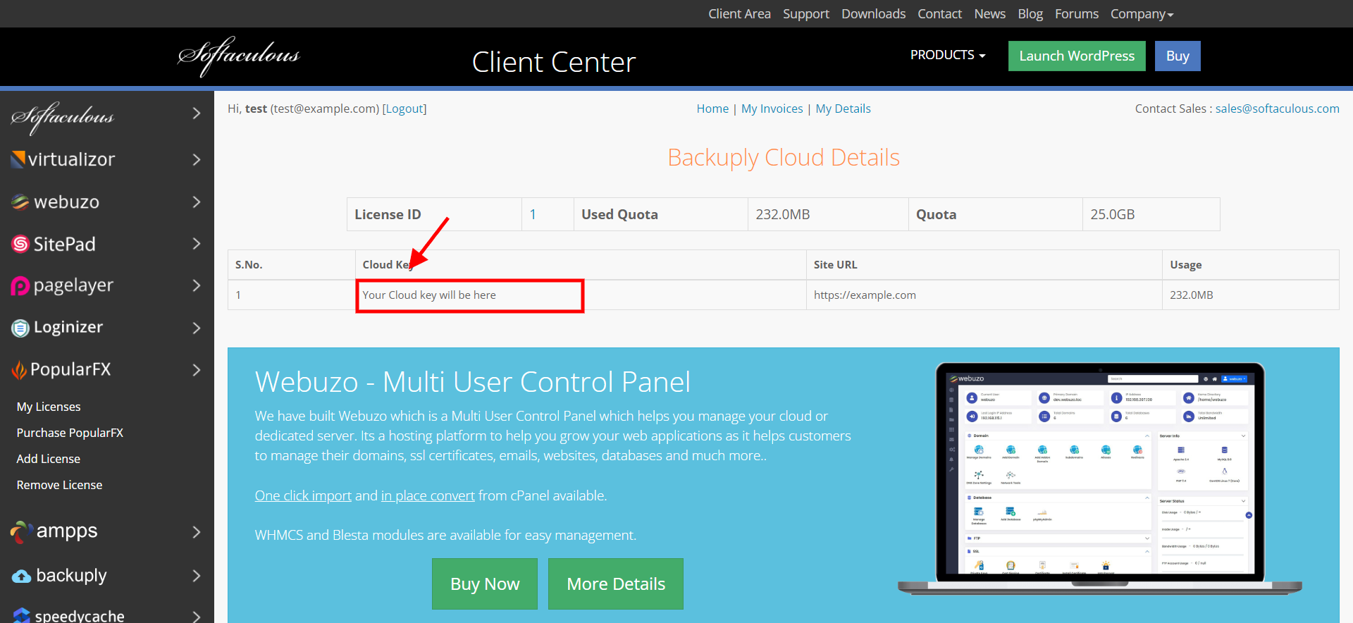 Backuply Cloud Key on Cloud details page Backuply Cloud Key on Cloud details page