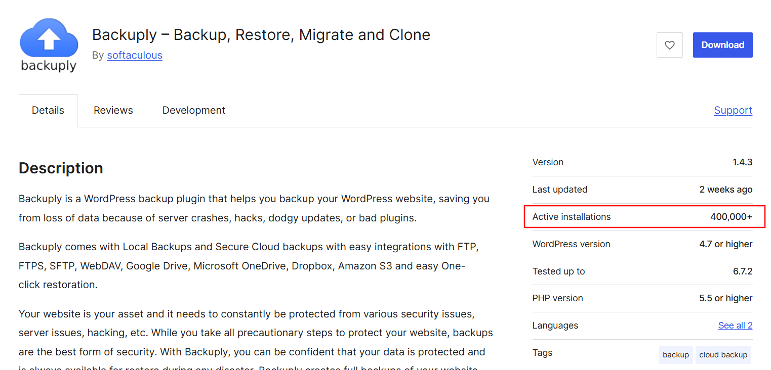 Backuply Crossed 400K Active Installs Backuply Crossed 400K active installs wordpress screenshot