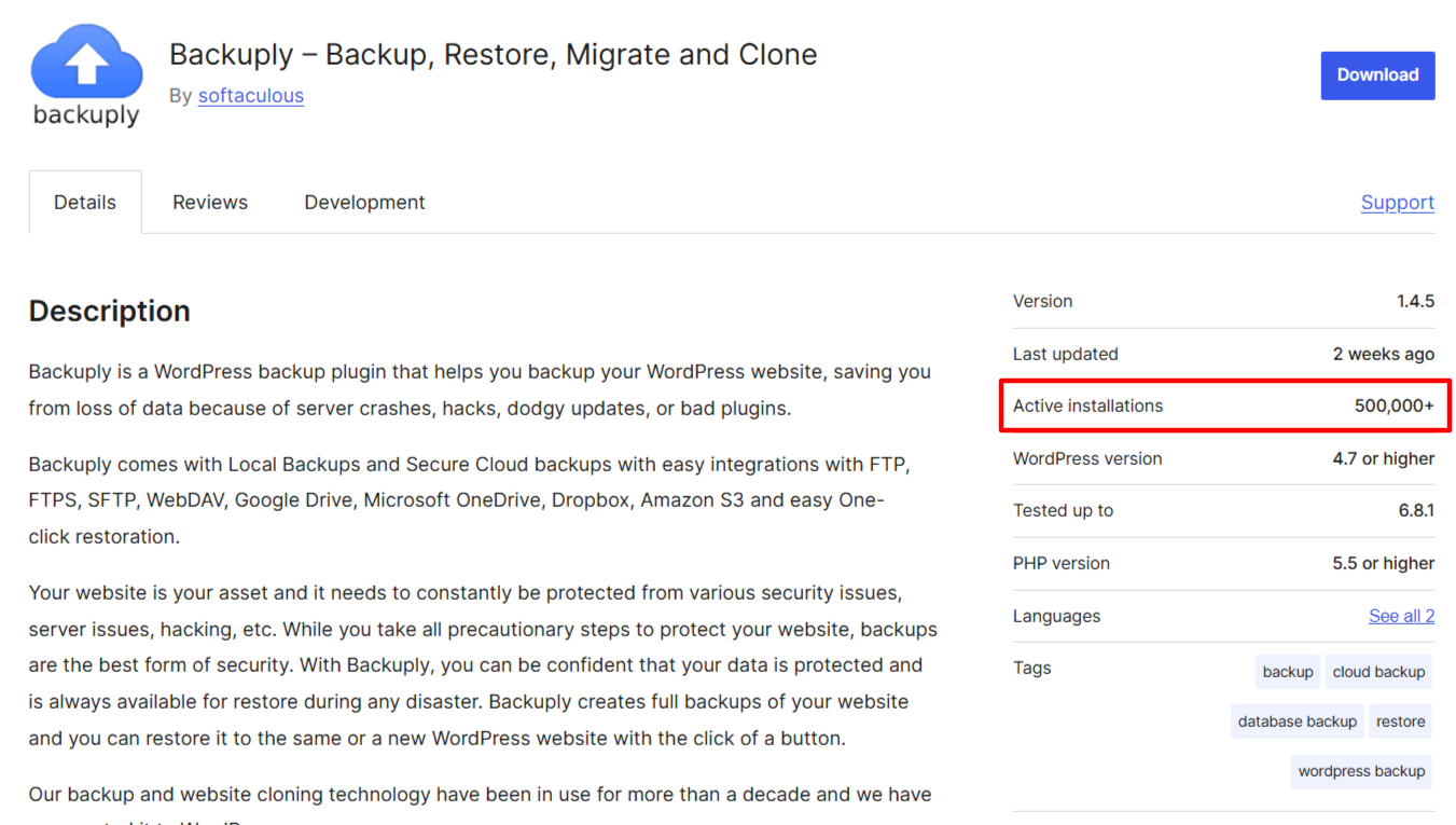 Backuply's WordPress info page showing 500K active installs Backuply's WordPress info page showing 500K active installs