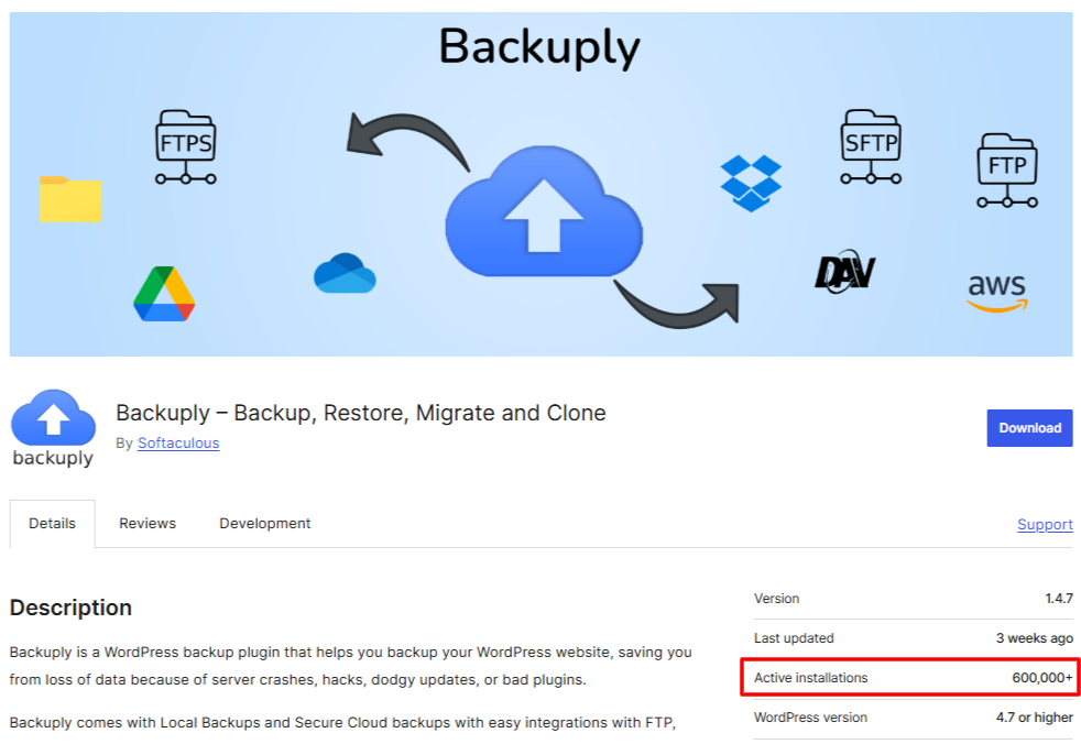 Backuply crossed 600K WordPress plugin page for Backuply showing 600K installs